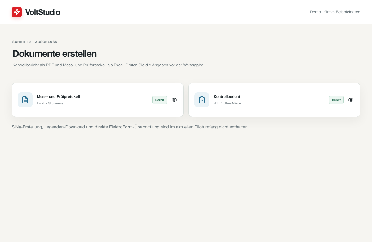 Dokumentansicht von VoltStudio mit Kontrollbericht als PDF und Mess- und Prüfprotokoll als Excel