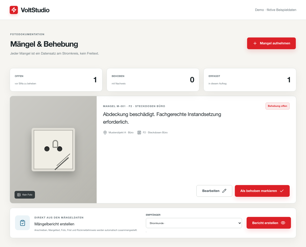Mängelerfassung in VoltStudio mit fiktiven Feststellungen, Status und Stromkreiszuordnung